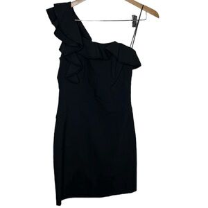 Black Halo One Shoulder Ruffle Black Mini Dress Women Size 4